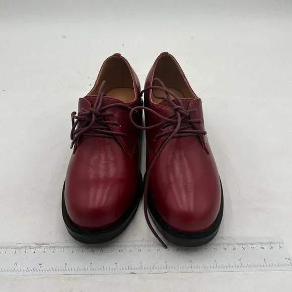 FSJ Wine Red Leather Classic Lace up Oxford Low Heel Round Toe Casual Dress Pump