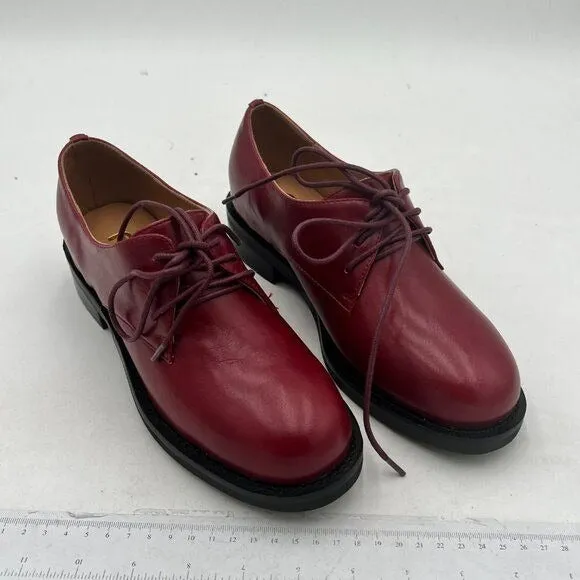 FSJ Wine Red Leather Classic Lace up Oxford Low Heel Round Toe Casual Dress Pump