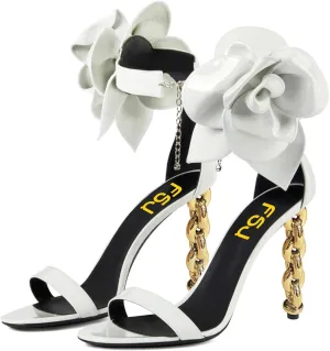 FSJ Women Open Toe Big Flower Gold Metal Chain High Heels Ankle Strap Pump Sandals Fashion Wedding Bride Shoes