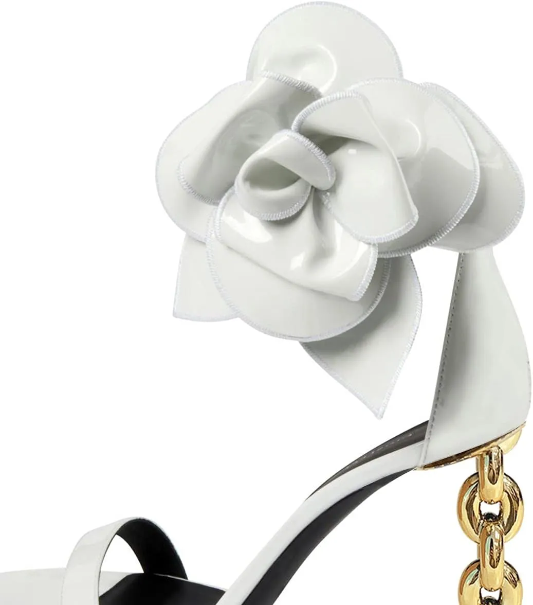 FSJ Women Open Toe Big Flower Gold Metal Chain High Heels Ankle Strap Pump Sandals Fashion Wedding Bride Shoes