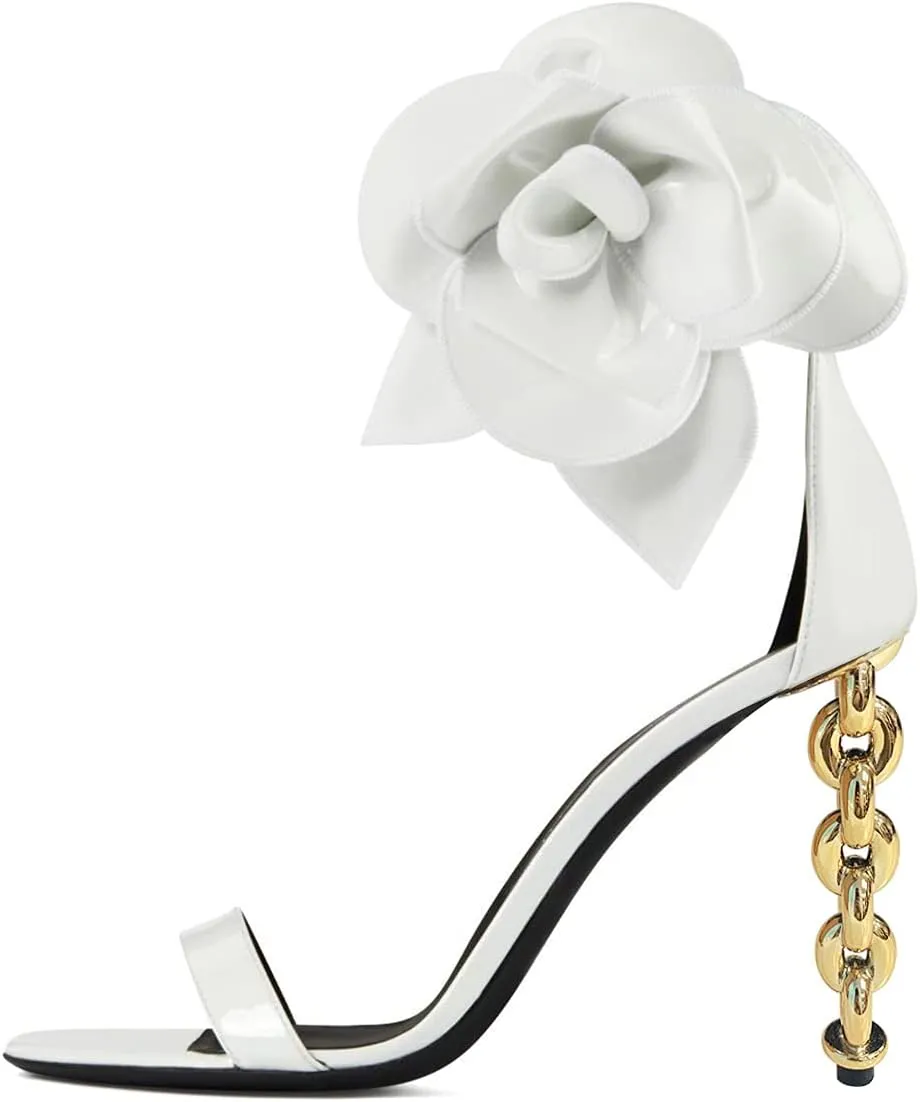 FSJ Women Open Toe Big Flower Gold Metal Chain High Heels Ankle Strap Pump Sandals Fashion Wedding Bride Shoes