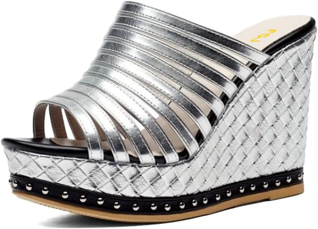 FSJ Women Open Toe High Heel Mules Platform Clogs Slip On Studded Wedges Sandals Strappy Slide Casual Backless Slippers Shoes Size 4-16 US