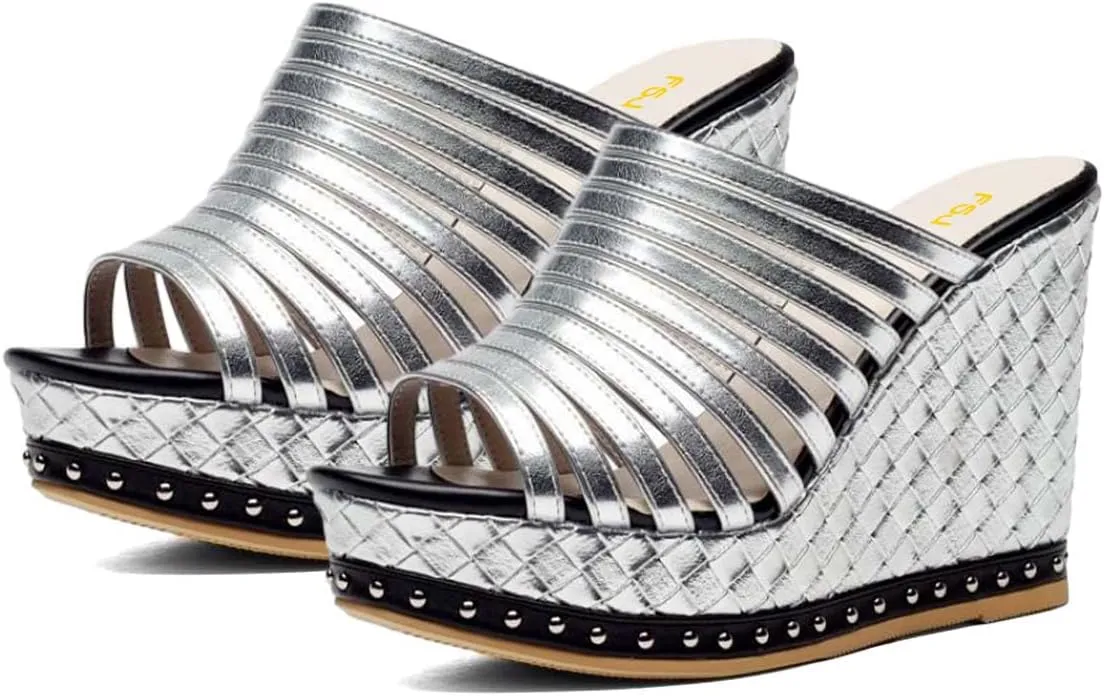 FSJ Women Open Toe High Heel Mules Platform Clogs Slip On Studded Wedges Sandals Strappy Slide Casual Backless Slippers Shoes Size 4-16 US