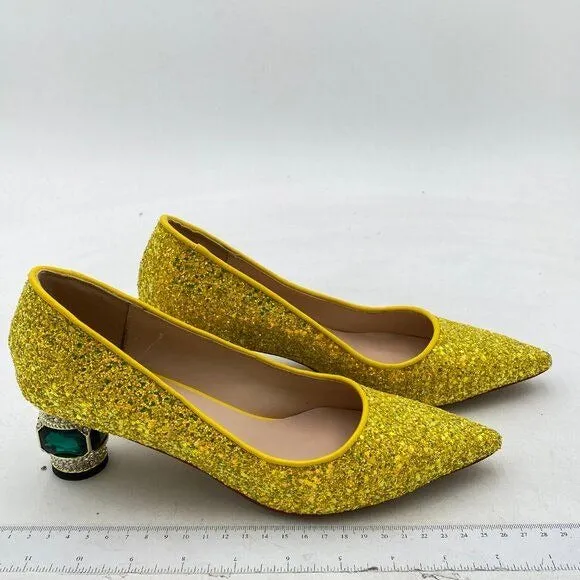 FSJ Yellow Glitter Crystal Chunky Low Heel Pump Comfy Slip on Pointed Toe Shoe