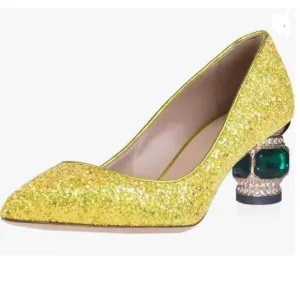 FSJ Yellow Glitter Crystal Chunky Low Heel Pump Comfy Slip on Pointed Toe Shoe