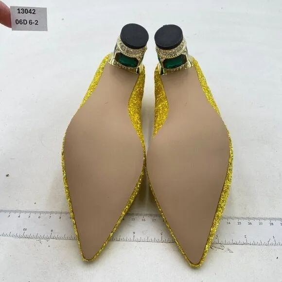 FSJ Yellow Glitter Crystal Chunky Low Heel Pump Comfy Slip on Pointed Toe Shoe