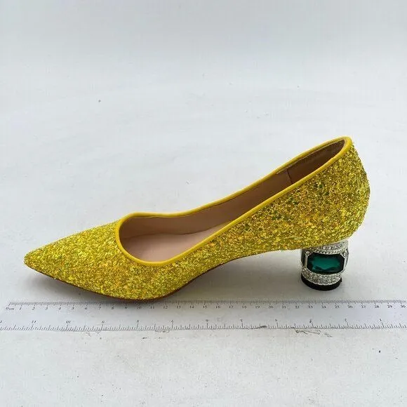 FSJ Yellow Glitter Crystal Chunky Low Heel Pump Comfy Slip on Pointed Toe Shoe