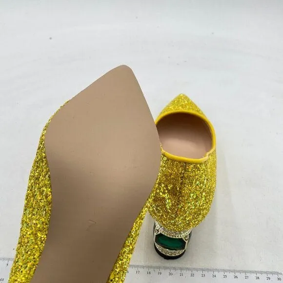 FSJ Yellow Glitter Crystal Chunky Low Heel Pump Comfy Slip on Pointed Toe Shoe