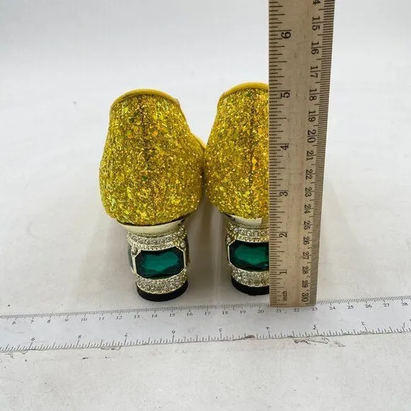 FSJ Yellow Glitter Crystal Chunky Low Heel Pump Comfy Slip on Pointed Toe Shoe