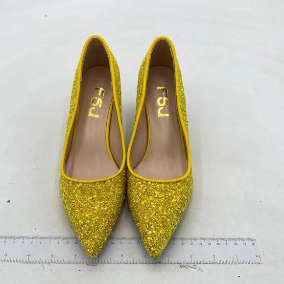 FSJ Yellow Glitter Crystal Chunky Low Heel Pump Comfy Slip on Pointed Toe Shoe