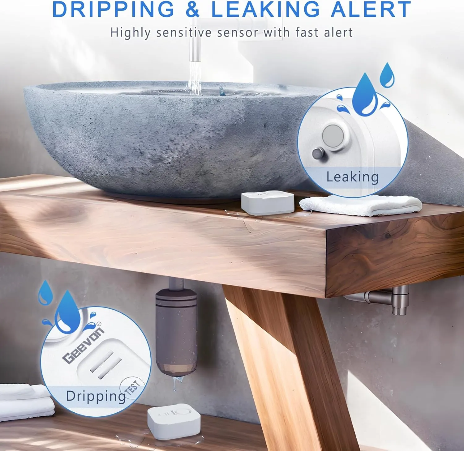Geevon 4 Pack Water Leak Detectors for Home, 100dB Loud Water Alarm Sensor Leak Detection with Drip Alert for Basements, Laundry Rooms, Kitchen, IP56 Waterproof(Battery Included)