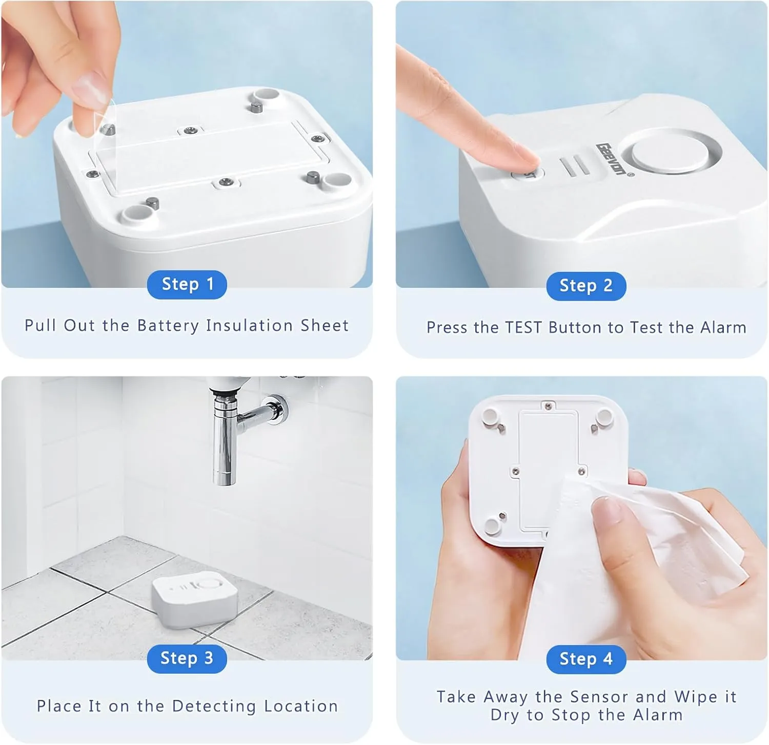Geevon 4 Pack Water Leak Detectors for Home, 100dB Loud Water Alarm Sensor Leak Detection with Drip Alert for Basements, Laundry Rooms, Kitchen, IP56 Waterproof(Battery Included)