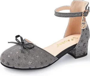 Girls Dress Shoes Closed Toe Heels Bowknot Ankle Strap Flower Pump Shoes Party Wedding School Sandals for Toddler Little Big Kid