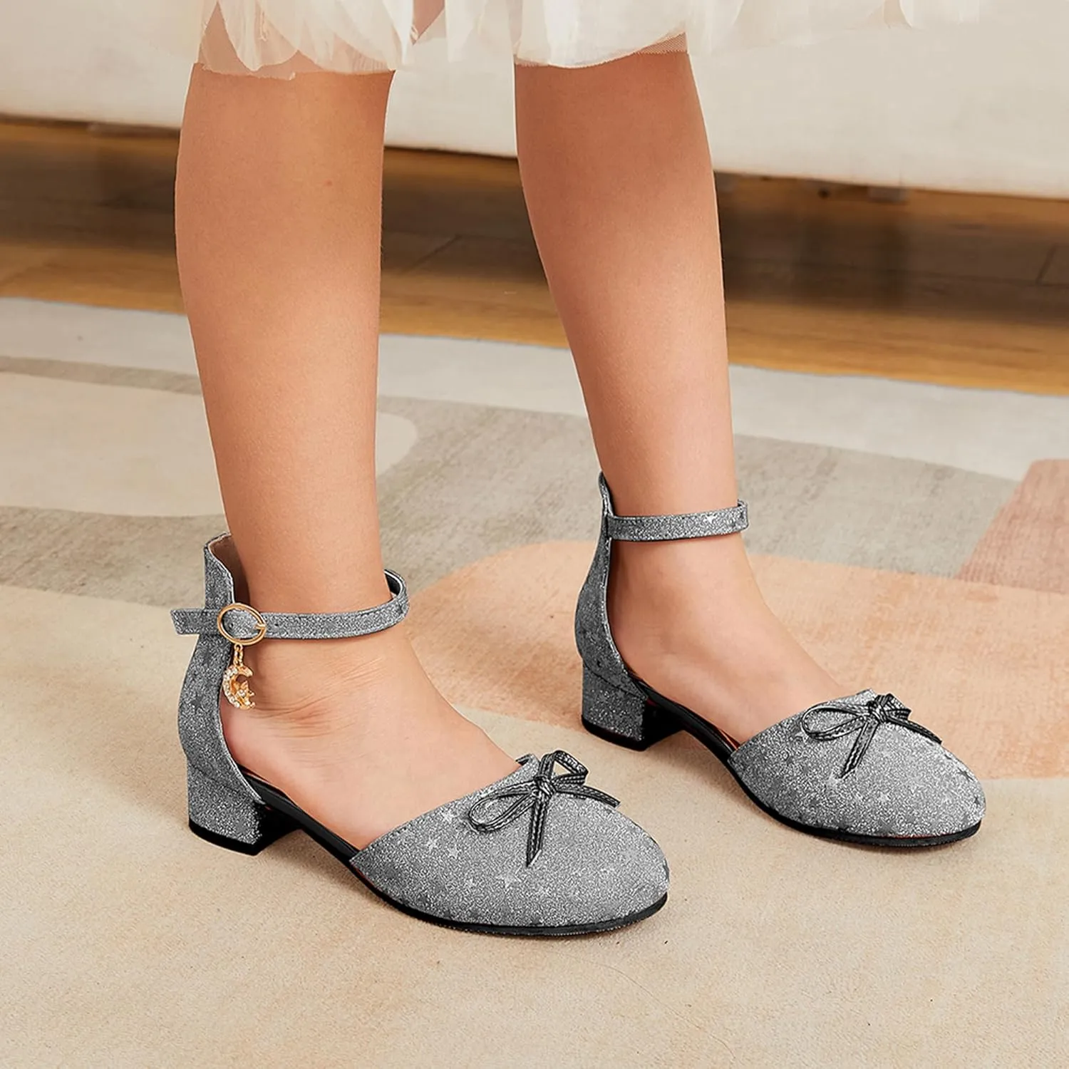 Girls Dress Shoes Closed Toe Heels Bowknot Ankle Strap Flower Pump Shoes Party Wedding School Sandals for Toddler Little Big Kid