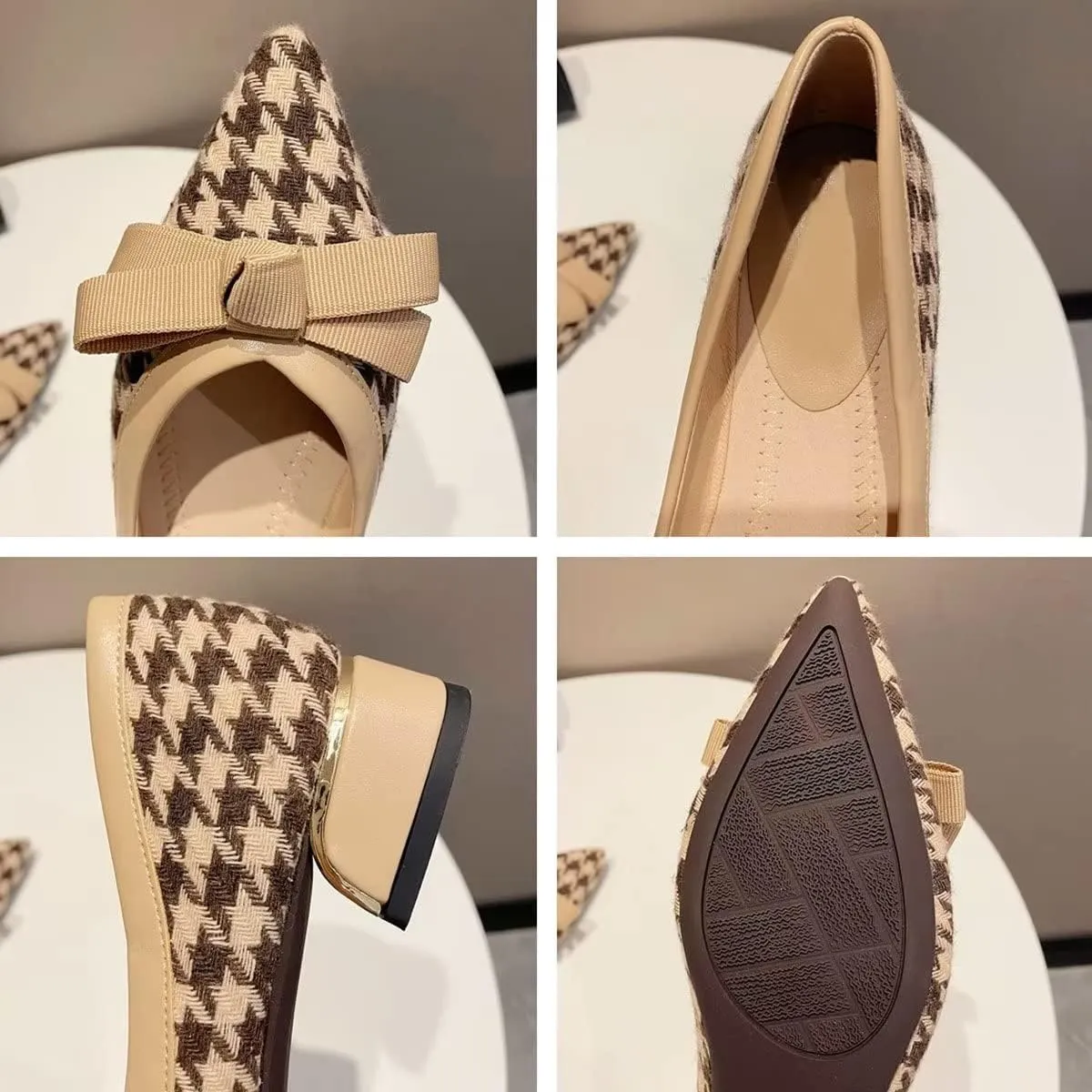 Hee grand Women Pointed Toe Chunky Heels Classic Plaid Bow-Knot Dressy Pump Comfort Low Heels for Work