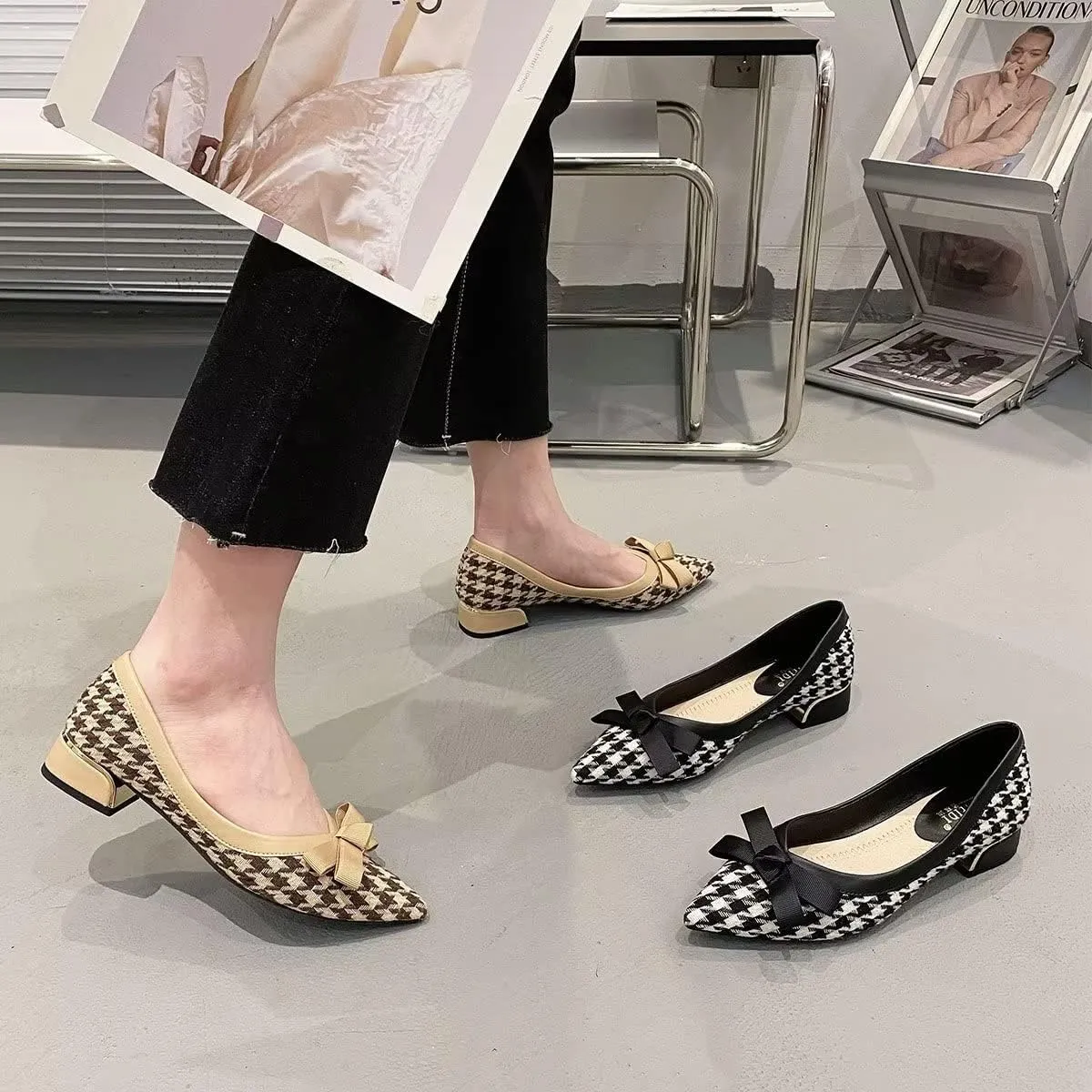 Hee grand Women Pointed Toe Chunky Heels Classic Plaid Bow-Knot Dressy Pump Comfort Low Heels for Work