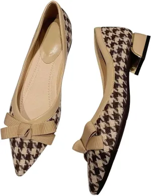 Hee grand Women Pointed Toe Chunky Heels Classic Plaid Bow-Knot Dressy Pump Comfort Low Heels for Work