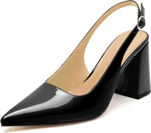 heelchic Slingback Heels for Women Block Heel Pointed Closed Toe Chunky Heel Slip on Wedding Dress Shoes Comfortable