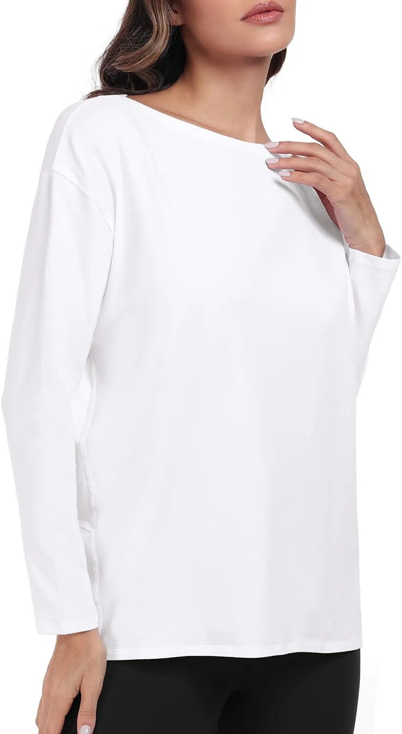 HeyNuts Women's Pima Cotton Long Sleeve Workout Shirts Boat Neck Athletic Loose Fit Soft Tops Fall Casual Shirts