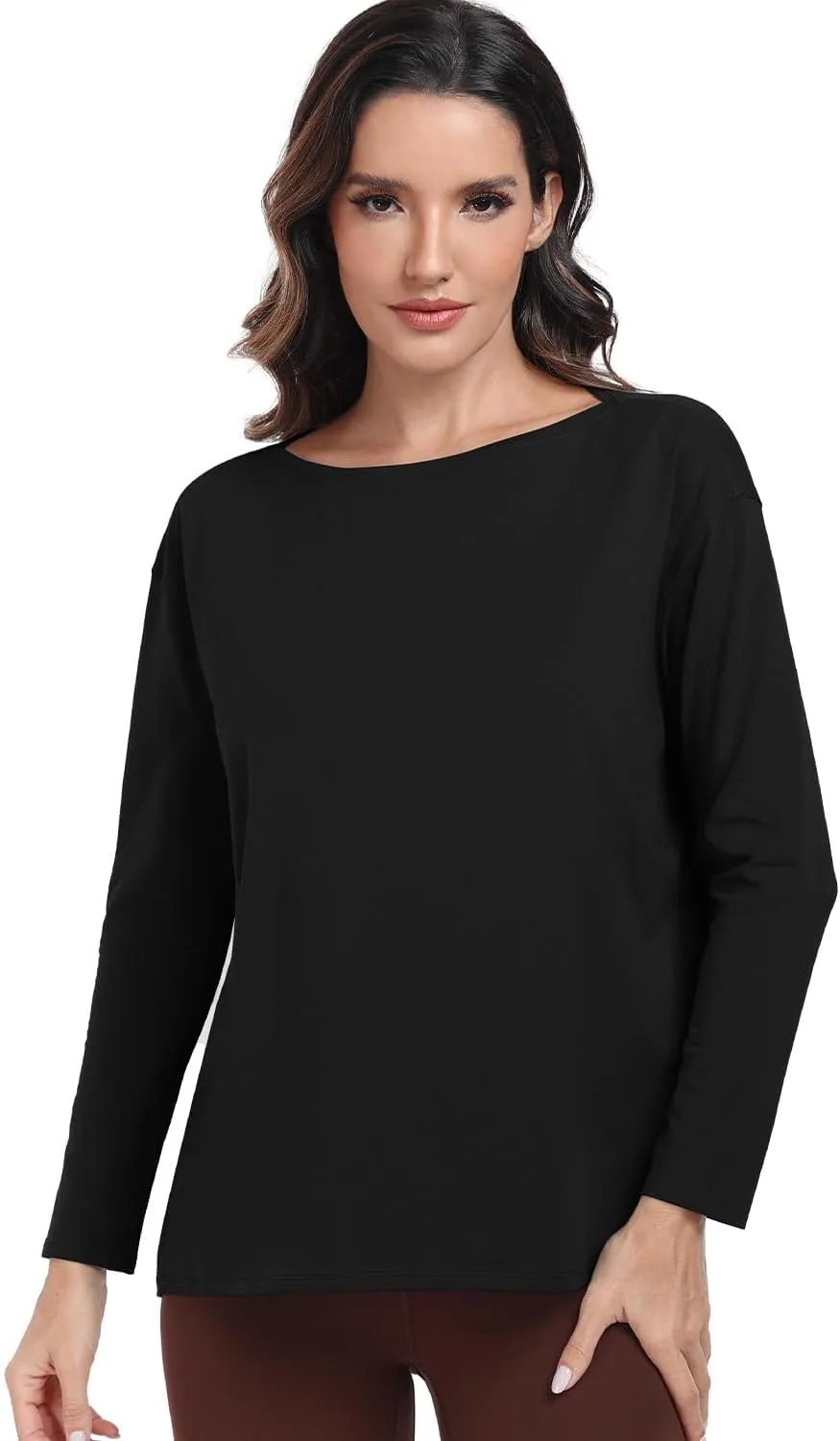 HeyNuts Women's Pima Cotton Long Sleeve Workout Shirts Boat Neck Athletic Loose Fit Soft Tops Fall Casual Shirts