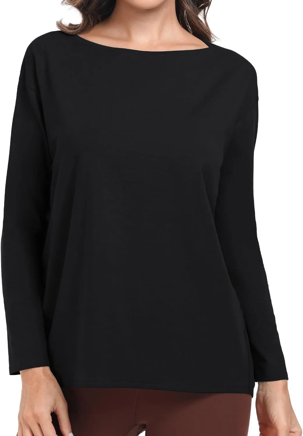 HeyNuts Women's Pima Cotton Long Sleeve Workout Shirts Boat Neck Athletic Loose Fit Soft Tops Fall Casual Shirts