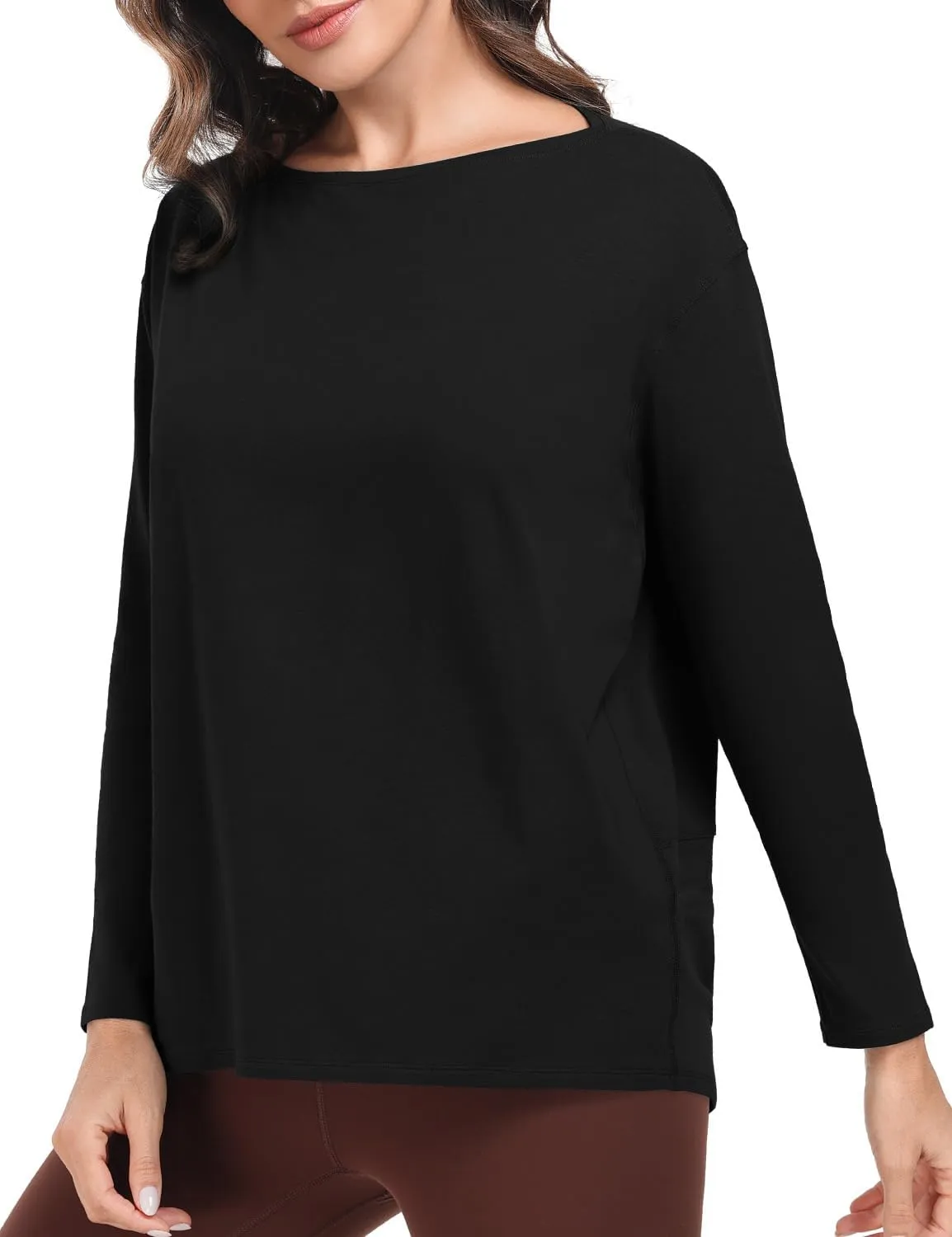 HeyNuts Women's Pima Cotton Long Sleeve Workout Shirts Boat Neck Athletic Loose Fit Soft Tops Fall Casual Shirts