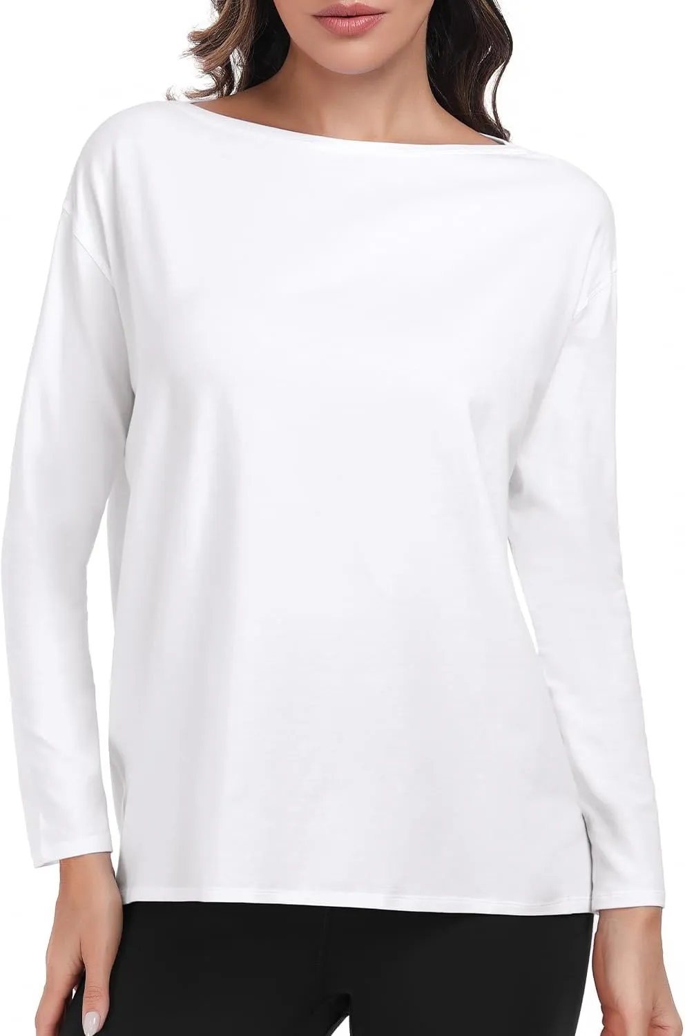 HeyNuts Women's Pima Cotton Long Sleeve Workout Shirts Boat Neck Athletic Loose Fit Soft Tops Fall Casual Shirts