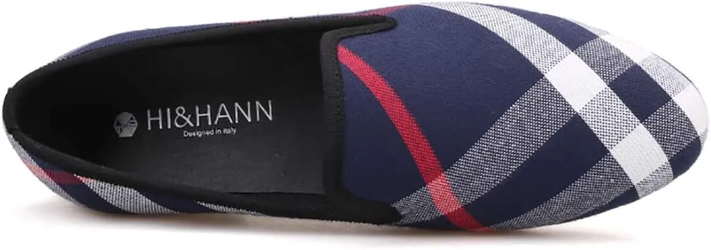 HI&HANN Plaid Canvas Loafers Men 's Casual Shoes Smoking Slipper