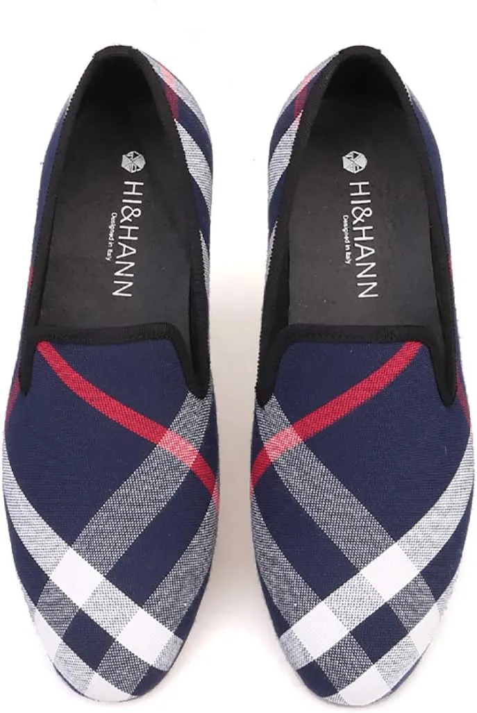 HI&HANN Plaid Canvas Loafers Men 's Casual Shoes Smoking Slipper