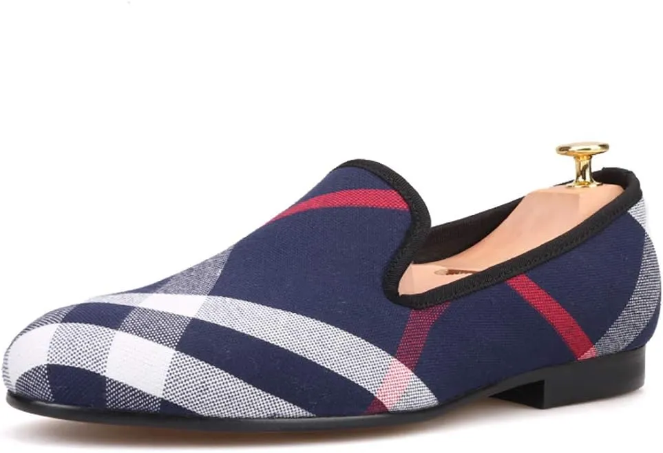 HI&HANN Plaid Canvas Loafers Men 's Casual Shoes Smoking Slipper