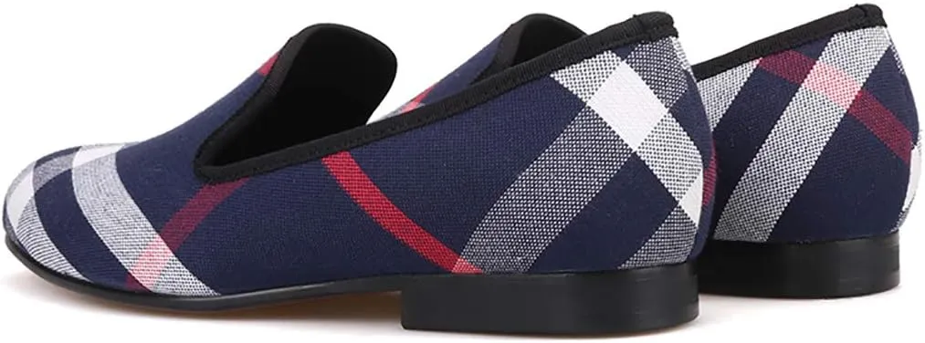 HI&HANN Plaid Canvas Loafers Men 's Casual Shoes Smoking Slipper