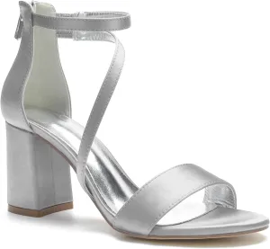 Hyinlays Women's Block Heel Pumps Dress Shoes Satin Ankle Strap Chunky Prom Wedding Pump Sandals