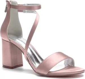 Hyinlays Women's Block Heel Pumps Dress Shoes Satin Ankle Strap Chunky Prom Wedding Pump Sandals