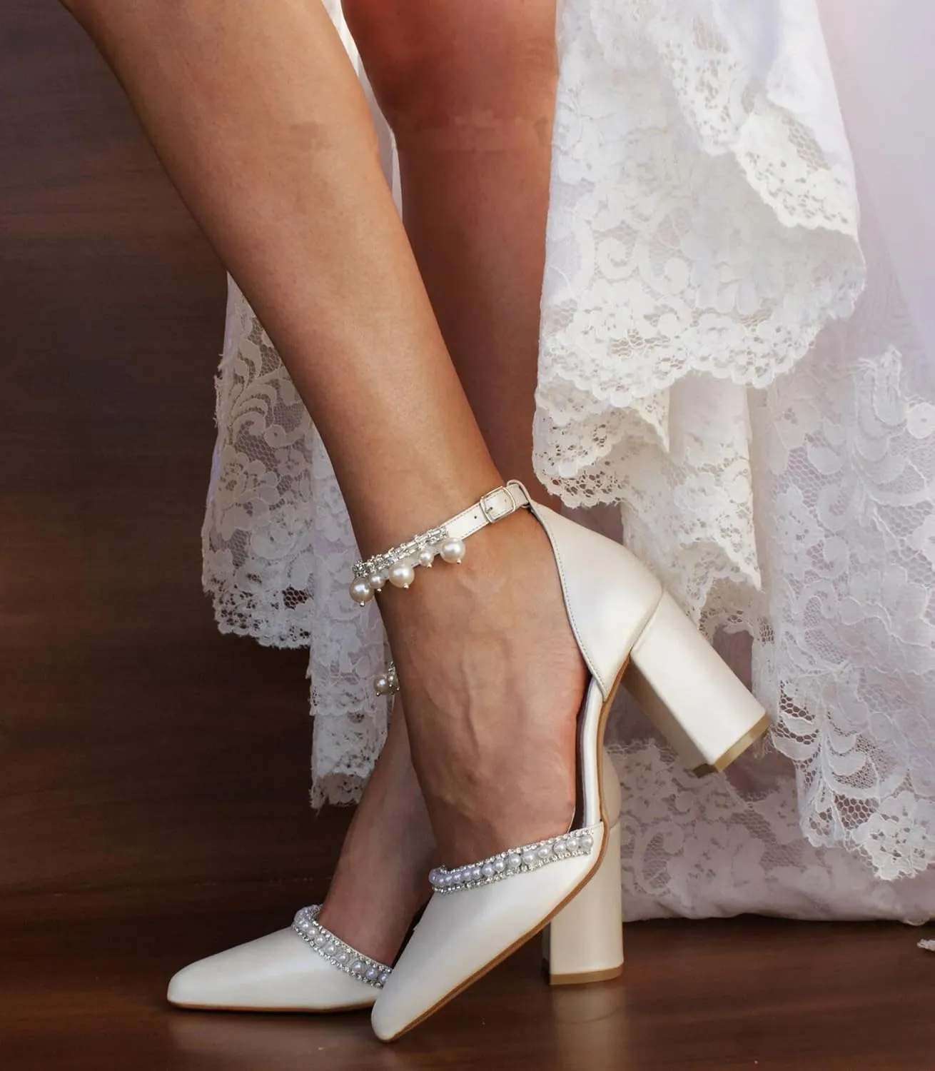 Hyinlays Women's Chunky Block Heels Open Toe Pump Heels with Pearls Ankle Strap Wedding Sandals Evening Party Dress Shoes