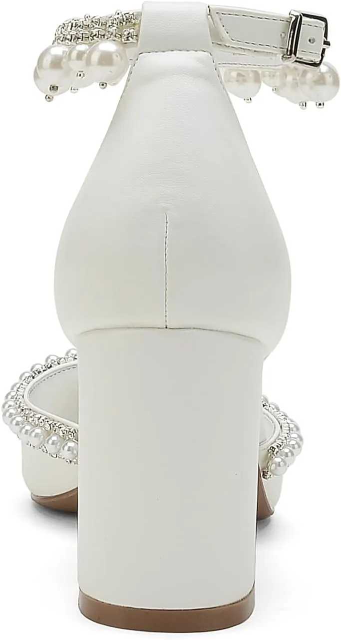 Hyinlays Women's Chunky Block Heels Open Toe Pump Heels with Pearls Ankle Strap Wedding Sandals Evening Party Dress Shoes