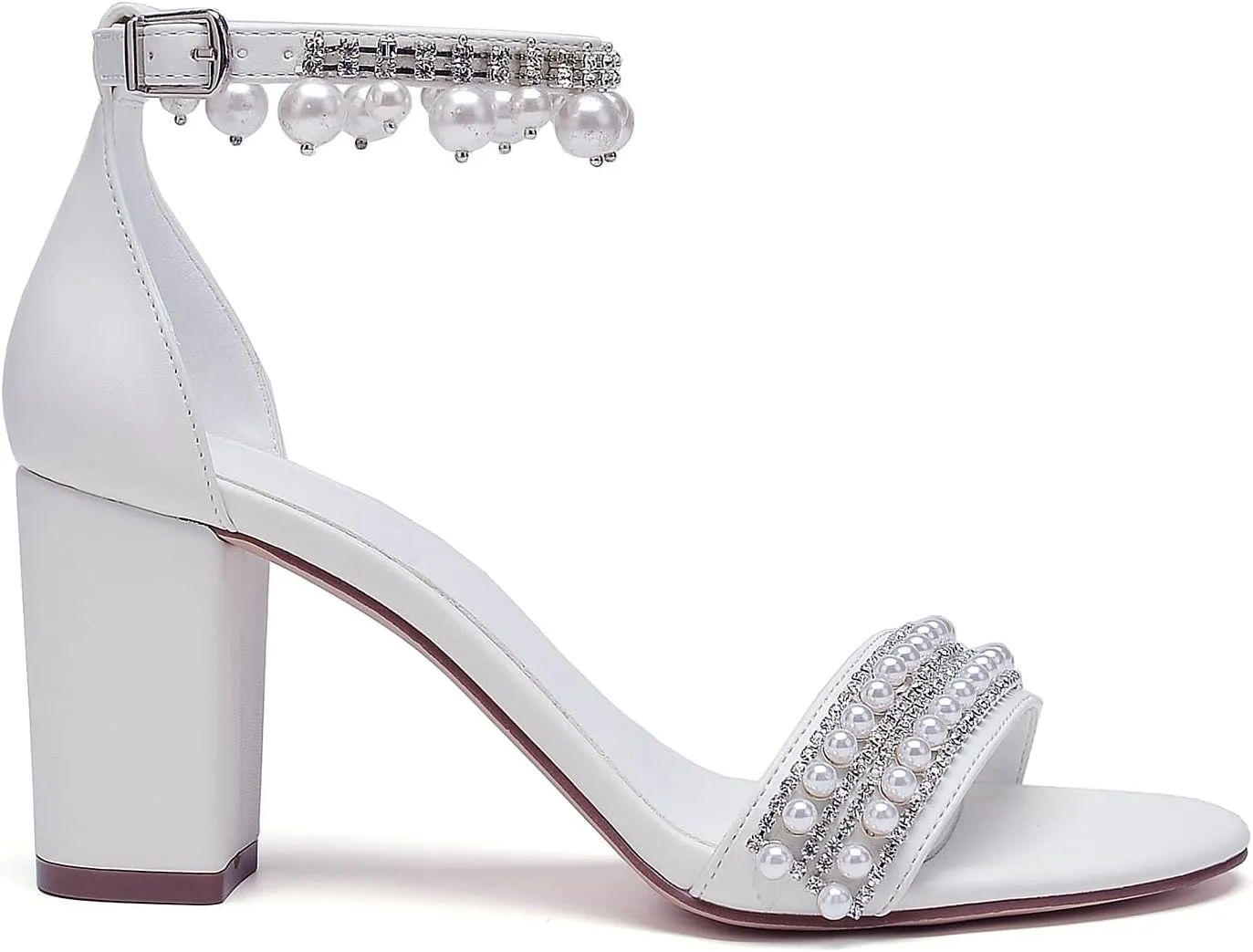 Hyinlays Women's Chunky Block Heels Open Toe Pump Heels with Pearls Ankle Strap Wedding Sandals Evening Party Dress Shoes