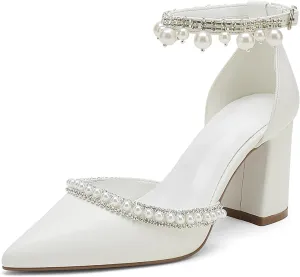 Hyinlays Women's Chunky Block Heels Open Toe Pump Heels with Pearls Ankle Strap Wedding Sandals Evening Party Dress Shoes