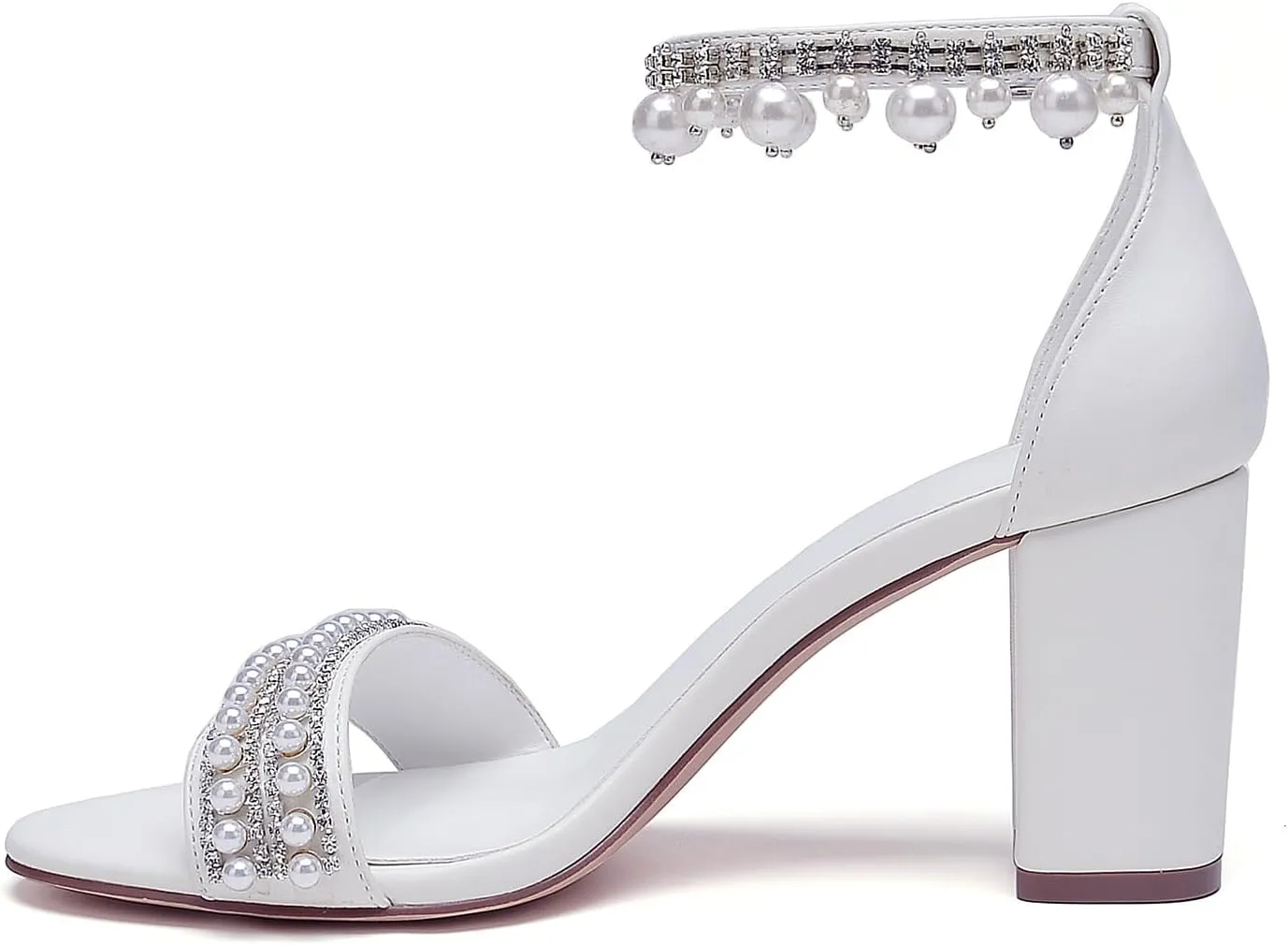 Hyinlays Women's Chunky Block Heels Open Toe Pump Heels with Pearls Ankle Strap Wedding Sandals Evening Party Dress Shoes