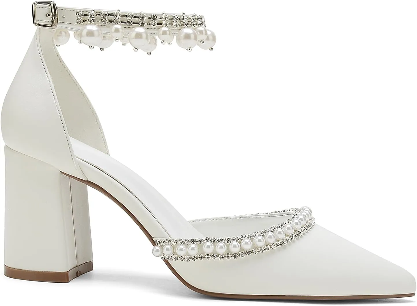 Hyinlays Women's Chunky Block Heels Open Toe Pump Heels with Pearls Ankle Strap Wedding Sandals Evening Party Dress Shoes
