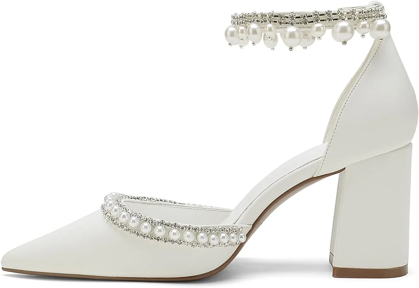 Hyinlays Women's Chunky Block Heels Open Toe Pump Heels with Pearls Ankle Strap Wedding Sandals Evening Party Dress Shoes