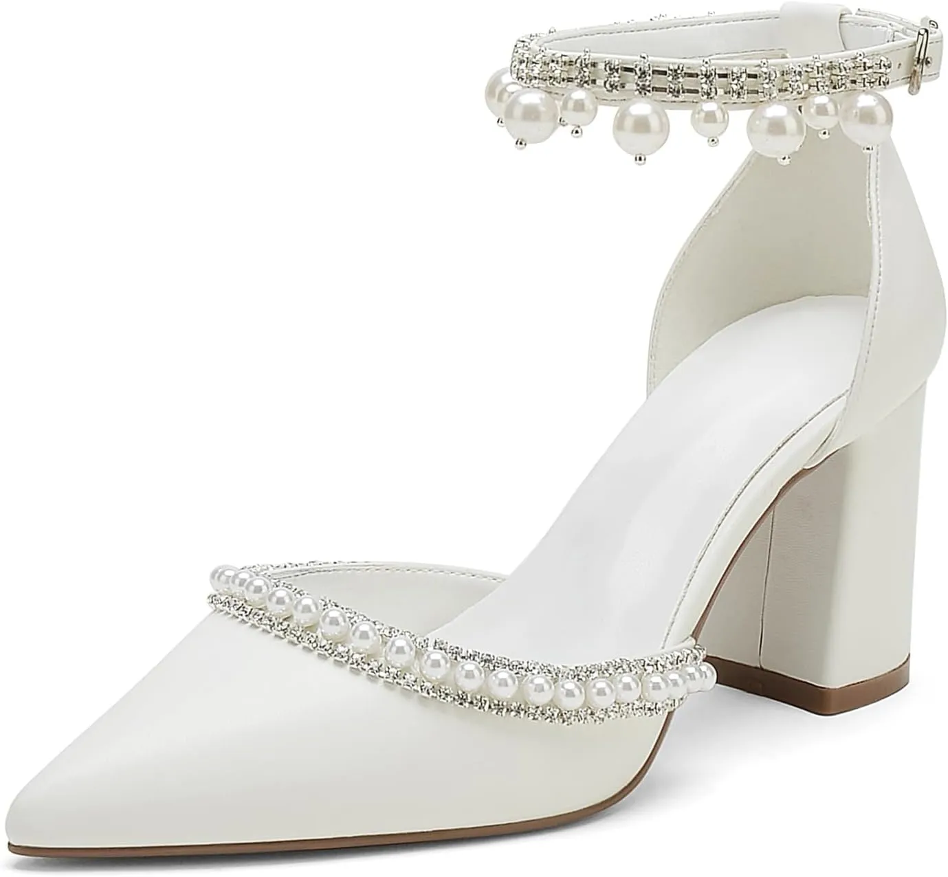 Hyinlays Women's Chunky Block Heels Open Toe Pump Heels with Pearls Ankle Strap Wedding Sandals Evening Party Dress Shoes