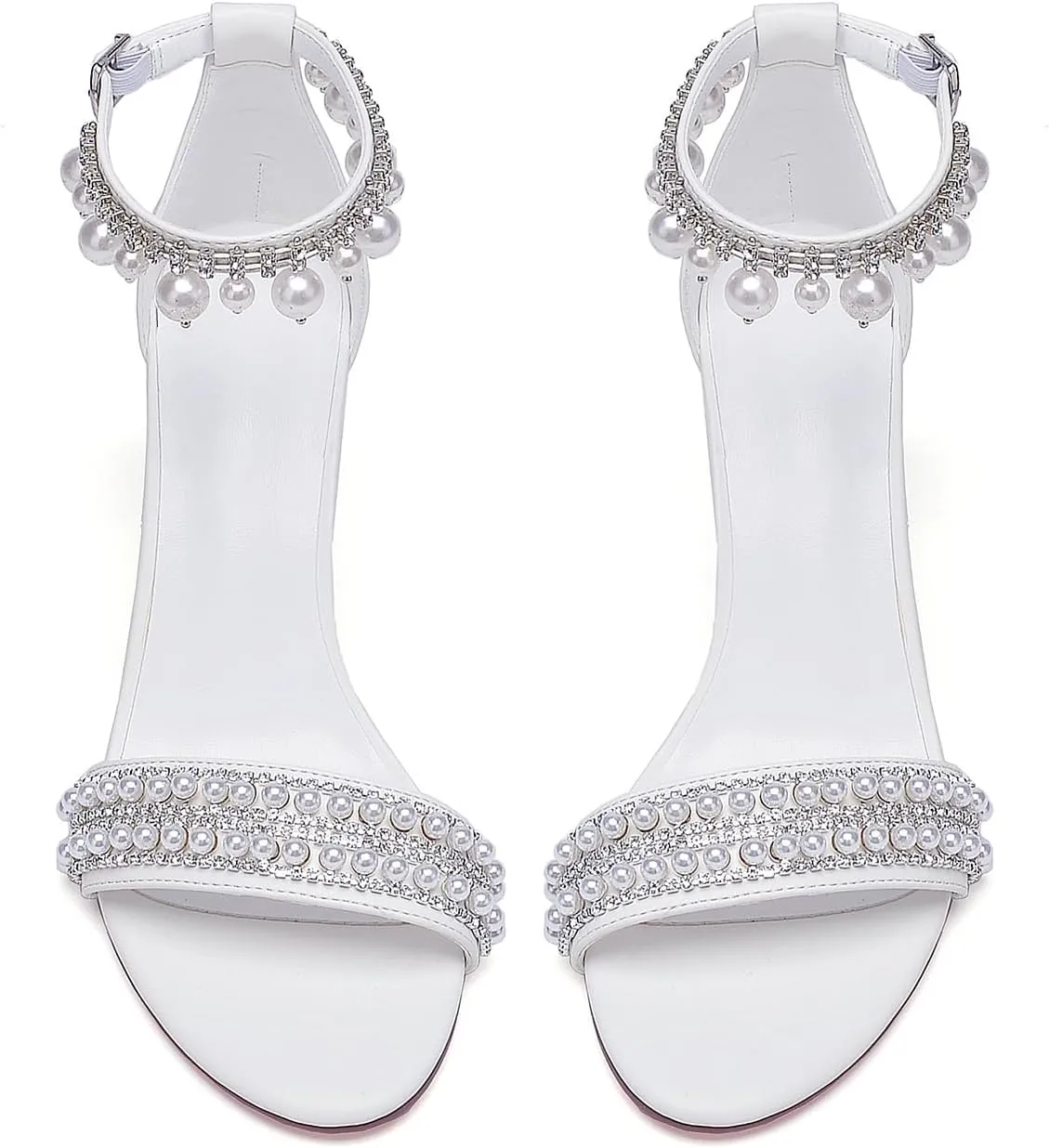 Hyinlays Women's Chunky Block Heels Open Toe Pump Heels with Pearls Ankle Strap Wedding Sandals Evening Party Dress Shoes