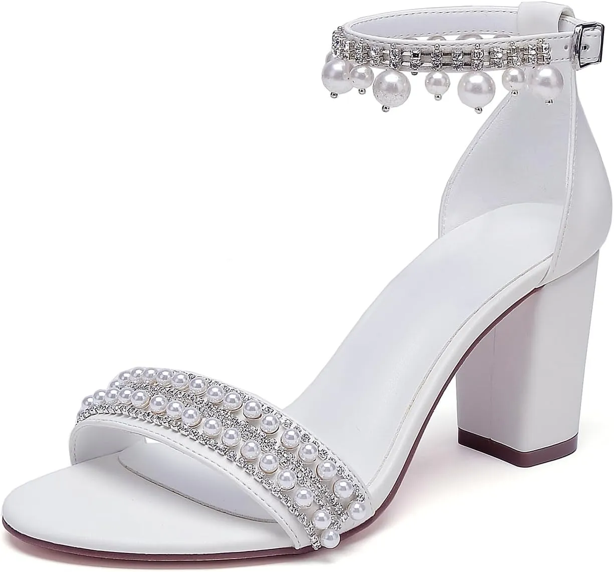 Hyinlays Women's Chunky Block Heels Open Toe Pump Heels with Pearls Ankle Strap Wedding Sandals Evening Party Dress Shoes