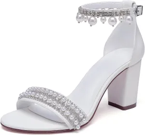 Hyinlays Women's Chunky Block Heels Open Toe Pump Heels with Pearls Ankle Strap Wedding Sandals Evening Party Dress Shoes