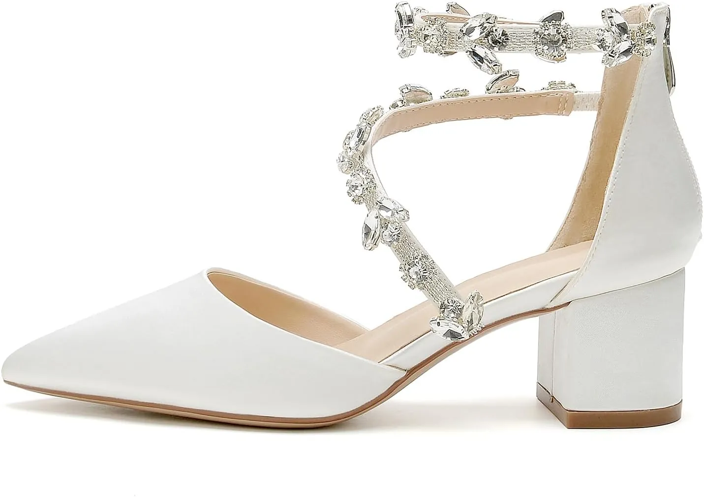 Hyinlays Women's Closed Pointed Toe Block Heel Satin Crystal Wedding Pump Shoes Chunky Low Heel Bridal Prom Heels Sandals