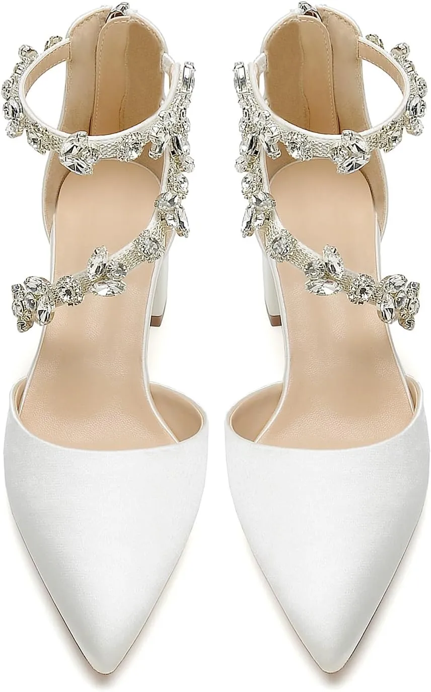 Hyinlays Women's Closed Pointed Toe Block Heel Satin Crystal Wedding Pump Shoes Chunky Low Heel Bridal Prom Heels Sandals