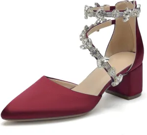 Hyinlays Women's Closed Pointed Toe Block Heel Satin Crystal Wedding Pump Shoes Chunky Low Heel Bridal Prom Heels Sandals