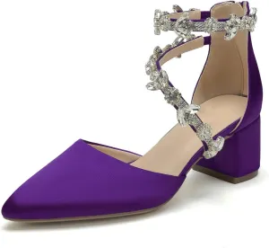 Hyinlays Women's Closed Pointed Toe Block Heel Satin Crystal Wedding Pump Shoes Chunky Low Heel Bridal Prom Heels Sandals