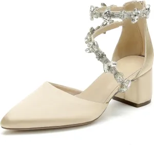 Hyinlays Women's Closed Pointed Toe Block Heel Satin Crystal Wedding Pump Shoes Chunky Low Heel Bridal Prom Heels Sandals