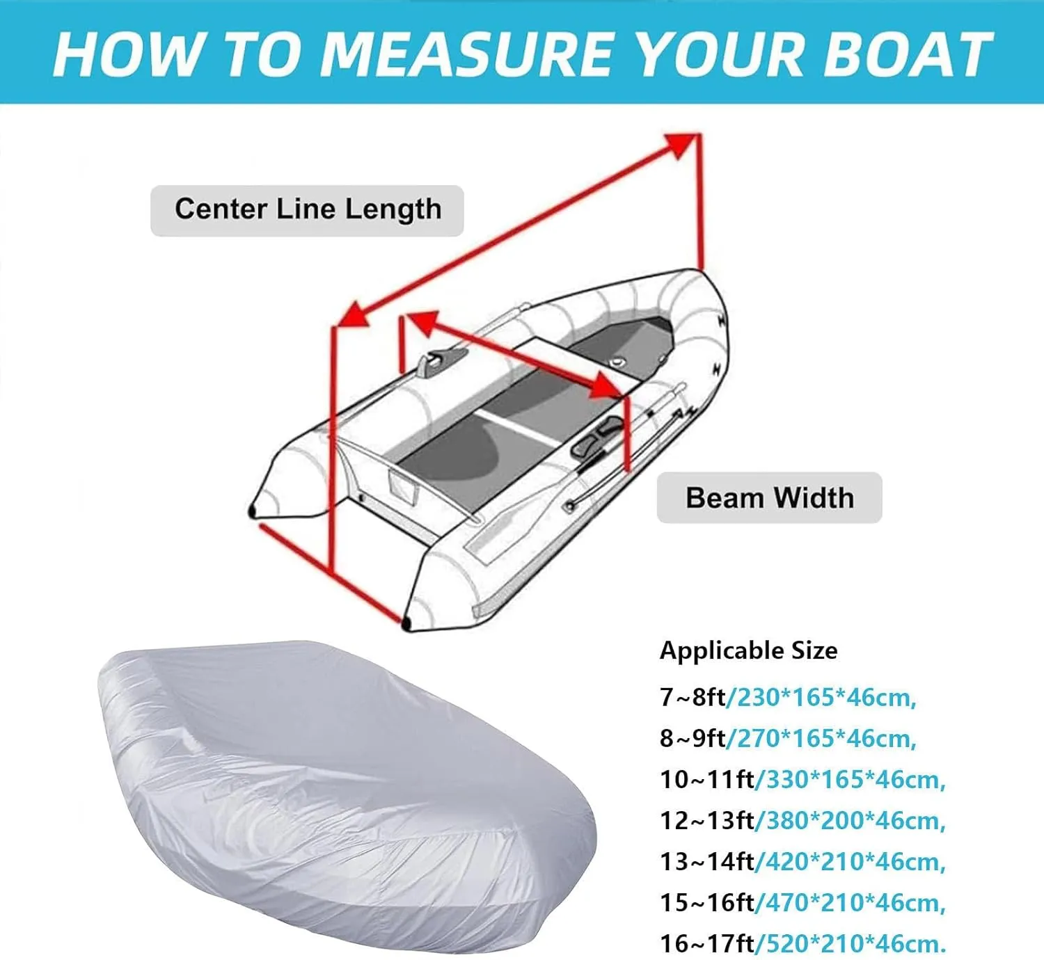 Inflatable Boat Cover 7 Sizes Boat Tarp Waterproof Anti-UV Dinghy Cover for Inflatable Boat and Dinghy,330 * 165 * 46cm